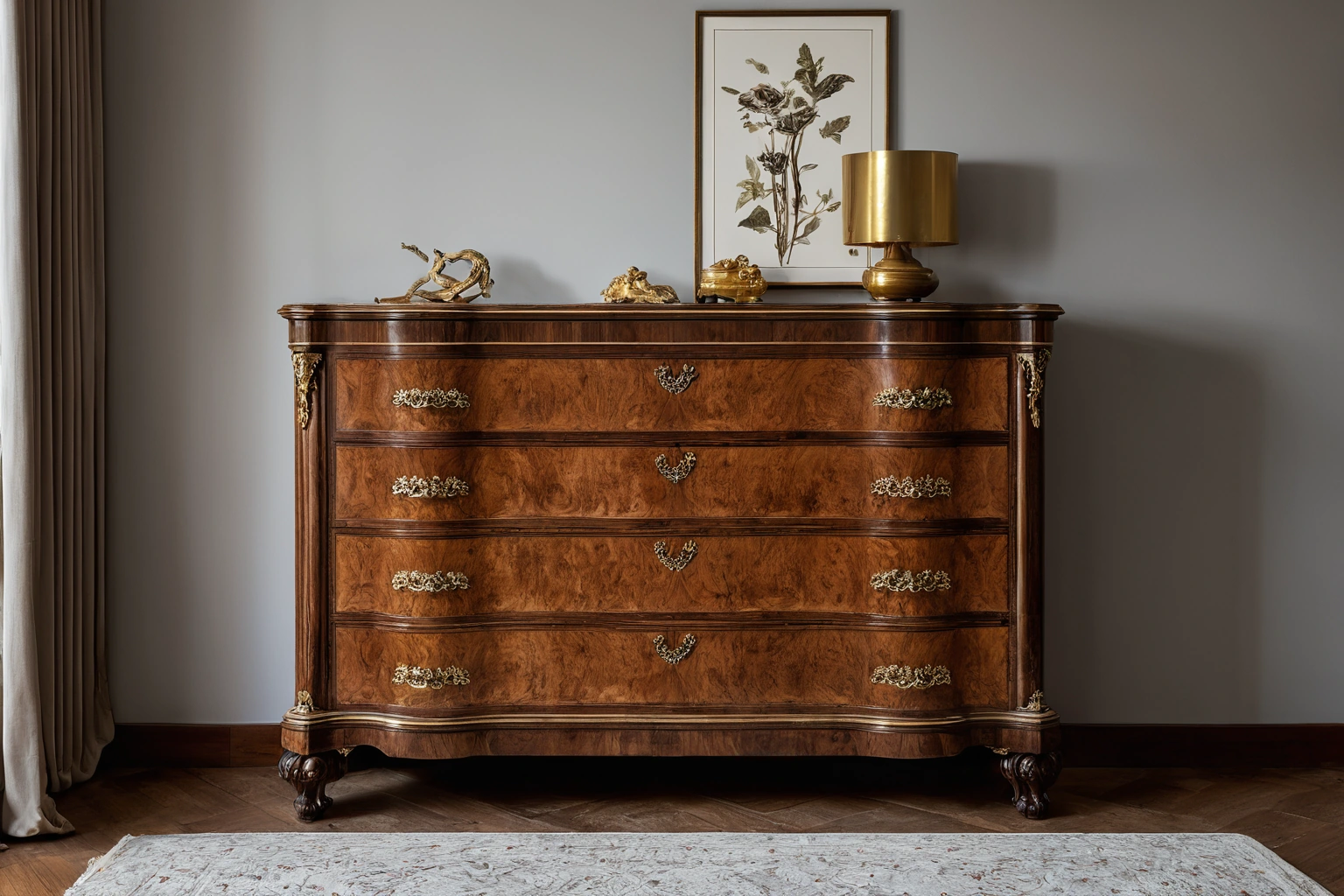 Antique walnut chest of drawers in a calm interior with soft daylight