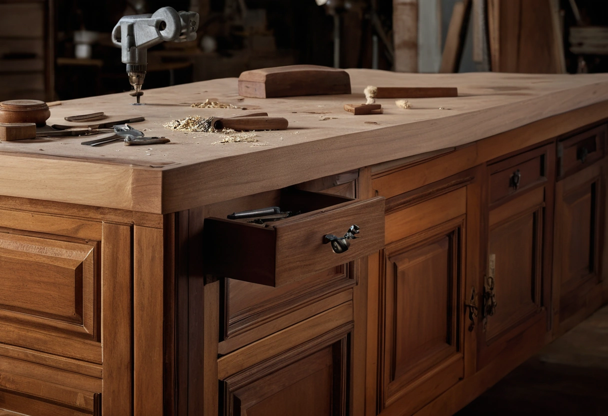 Furniture repair bench with a drawer being reglued and clamps