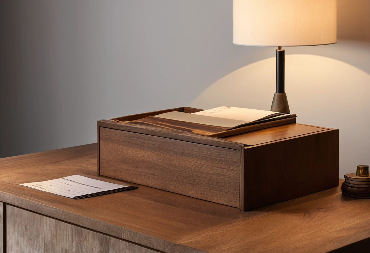 Invoice and material samples filed beside a walnut drawer
