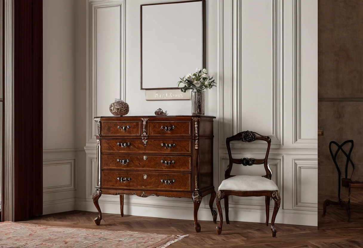 photorealistic interior photograph combining an antique chest and a new classic chair in one room, walnut