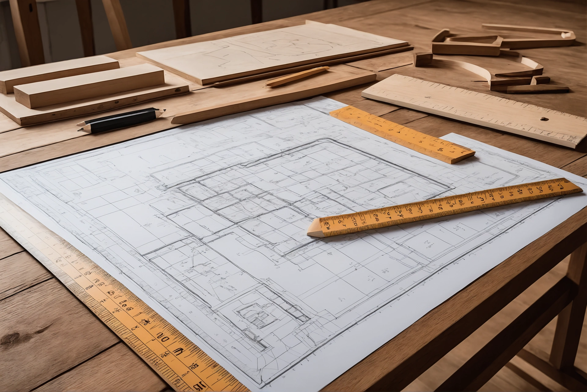 Architectural drawing set with plans, sections and elevations on a table