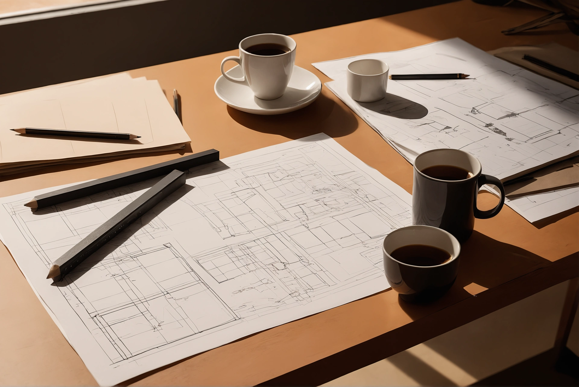 Architect's desk with drawings, samples and coffee cups after a meeting