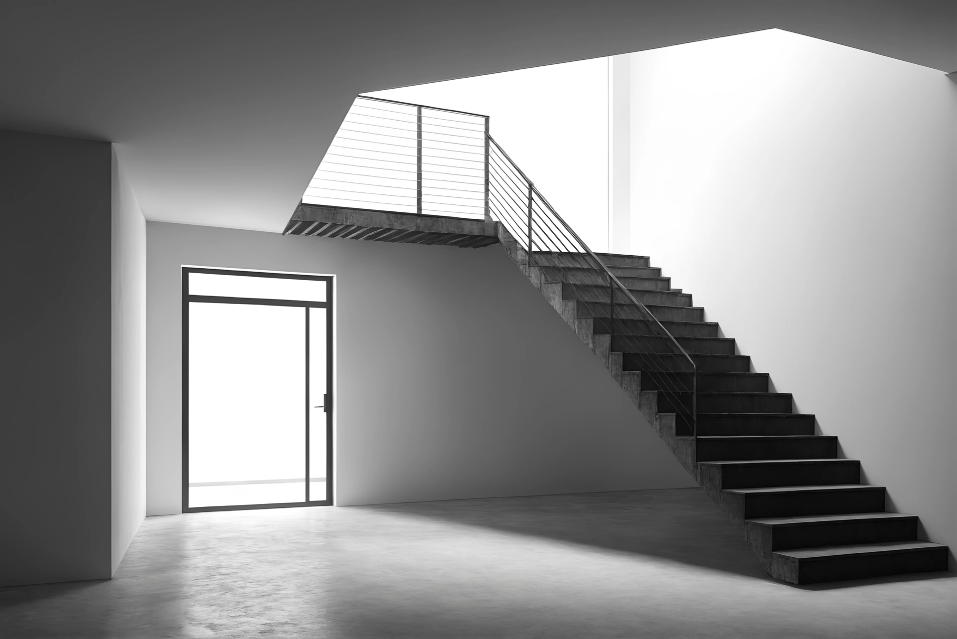 Building section pinned on a studio wall showing a double-height space and stair