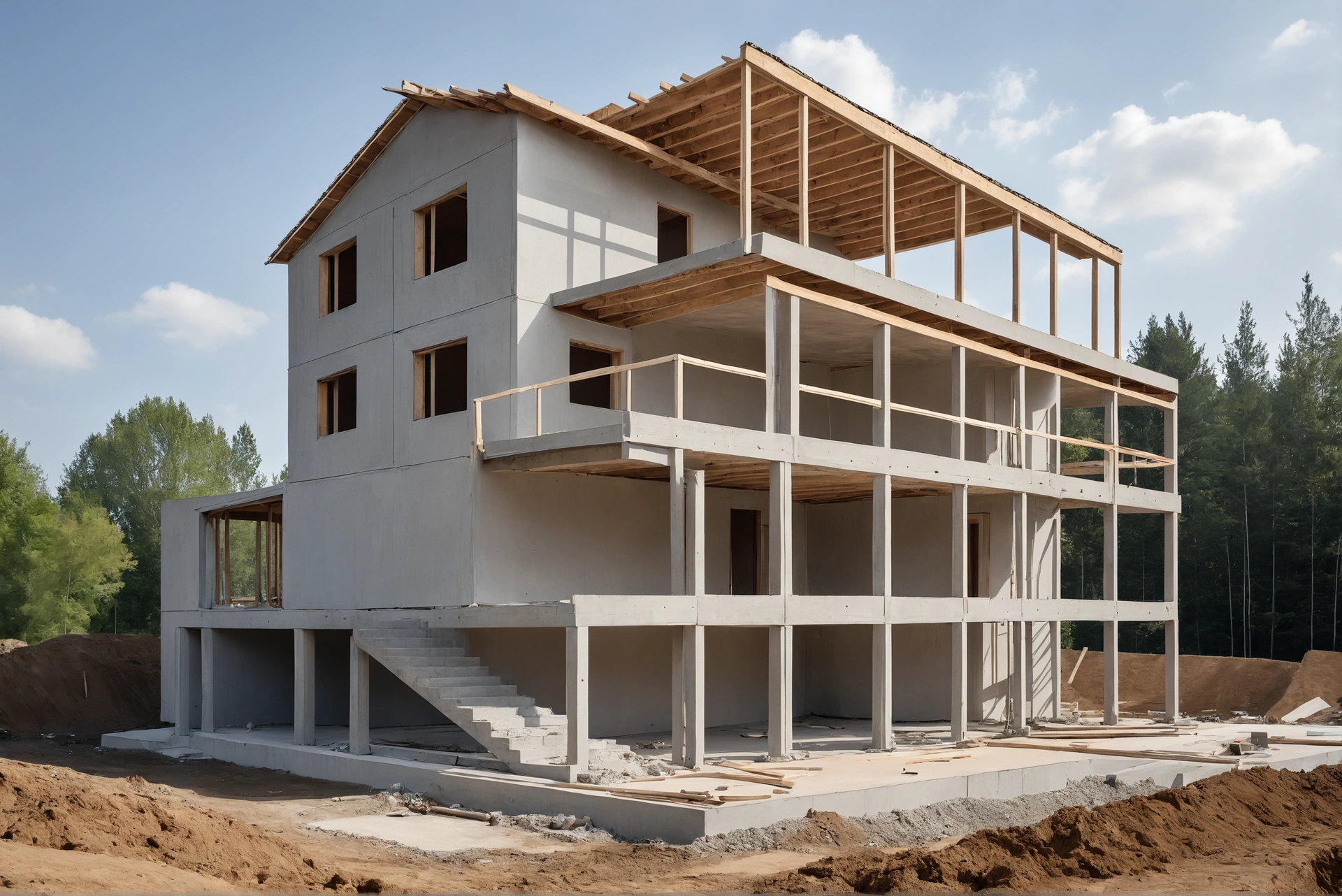 Concrete structure under construction with drawings on a trestle
