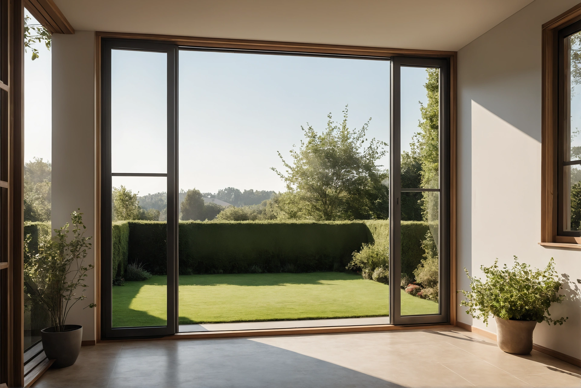 Tall window framing a garden view with clean reveals